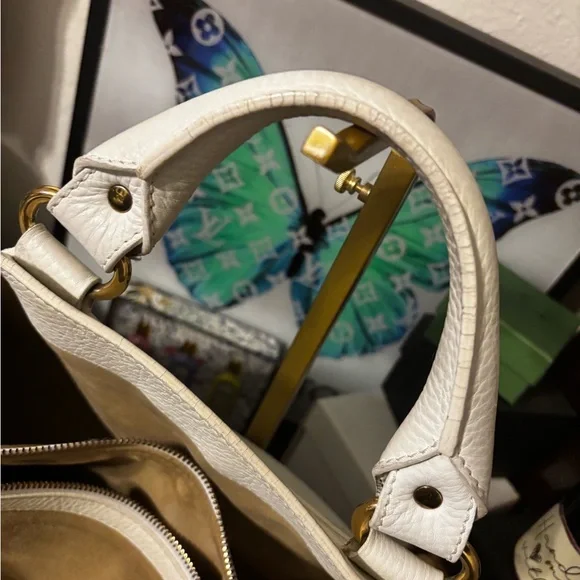 Celine Boogie White Leather Handbag with Gold Accents